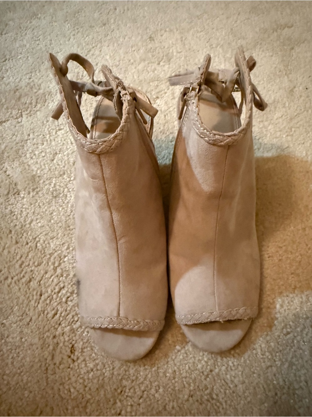Lauren Conrac Neutral Beige Peep-Toe Suede Ankle Booties